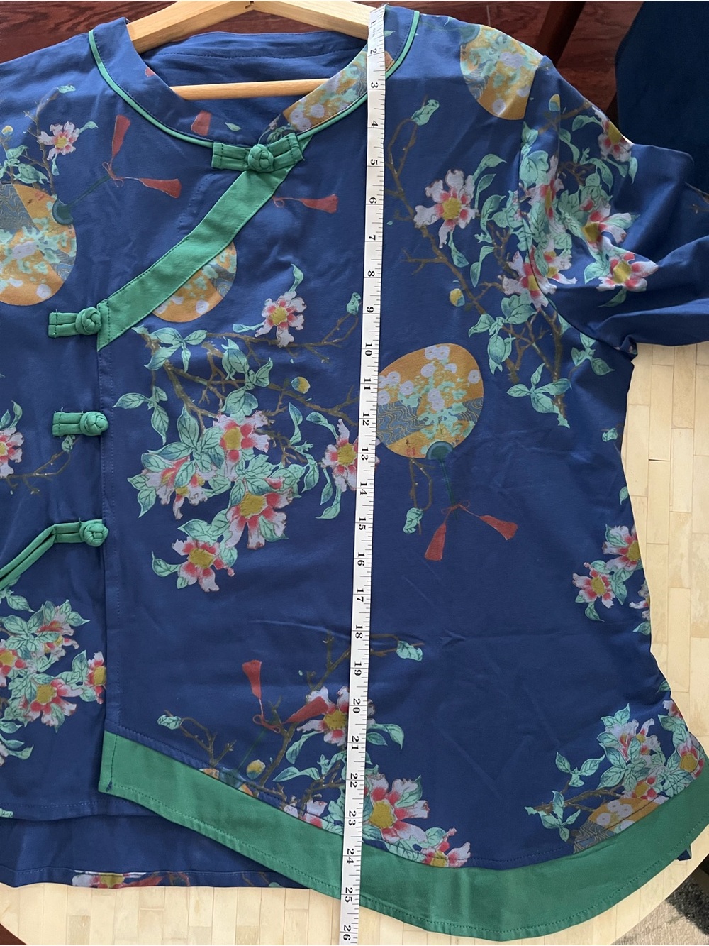 Asian inspired Navy Floral Two-Piece Pajama Set with Green Trim - Picture 9 of 12